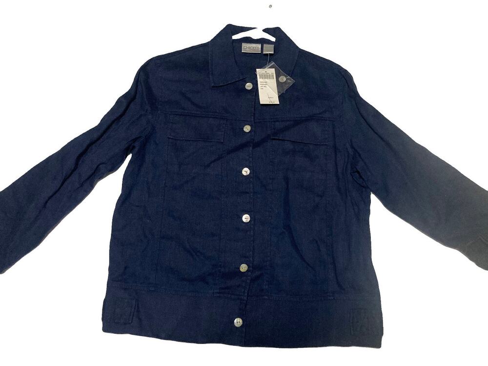 NWT Chico's navy womens coat jacket 100% Linen button down size 0 orig $78.00